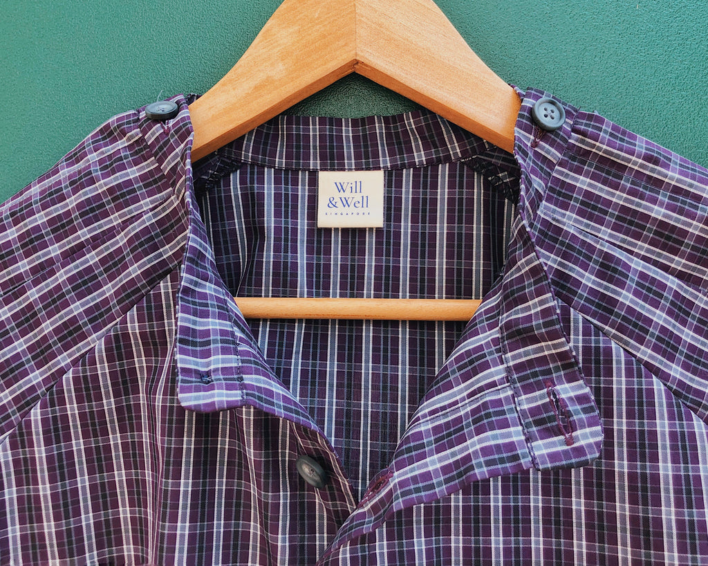 Purple checkered shirt twin buttons on collar