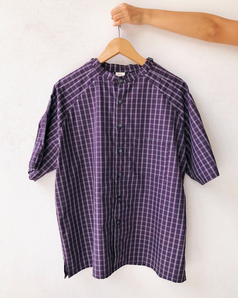 Purple checkered shirt mandarin collar
