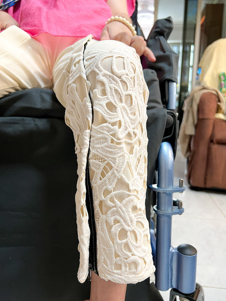 A close-up of the lace-finish on the customised FrontSlit pants