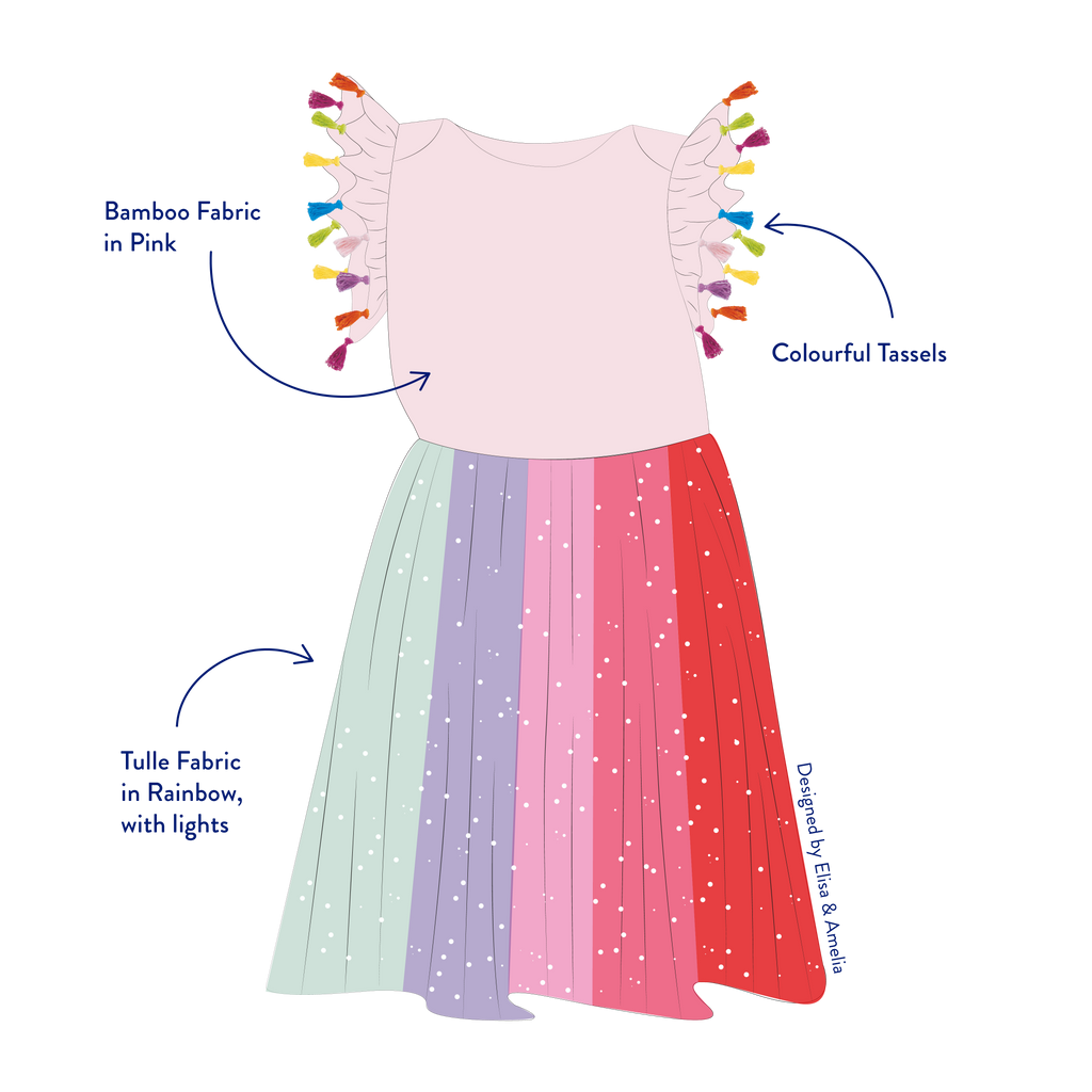 Digital sketch of Amelia's dream dress. Featuring Pink bamboo fabric for the top and lighted up rainbow tulle fabric for the skirt. Colourful tassels dangle from the sleeves around the shoulder.