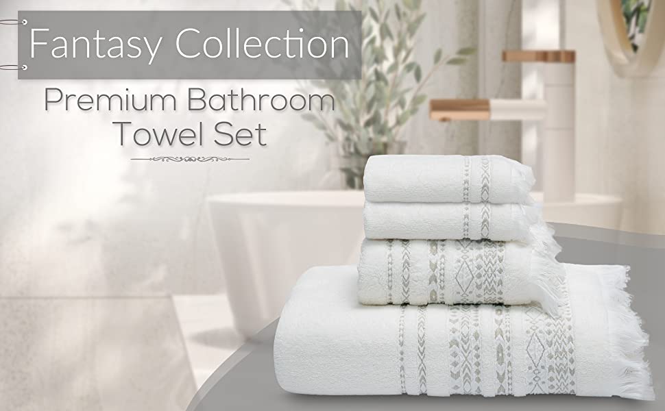 GOLD TEXTILES Fantasy Collection Premium Bathroom Towel Set Includes Bath Towel (27x54) - Hand Towel (16x30) 2 washcloths (13x13) - Perfect for Gift, Home, Hotel –Lightweight (White, Aria)