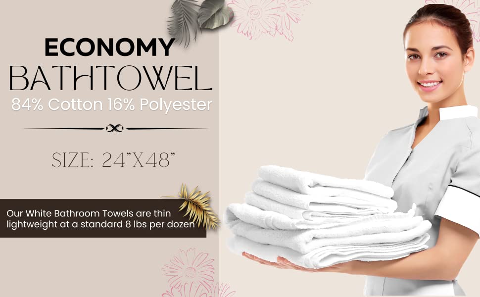 180 Bulk Pack White Economy Bath Towels (24x 48 Inch) Cotton Blend for  Softness-Commercial Grade Easy Care (15 Dozens)