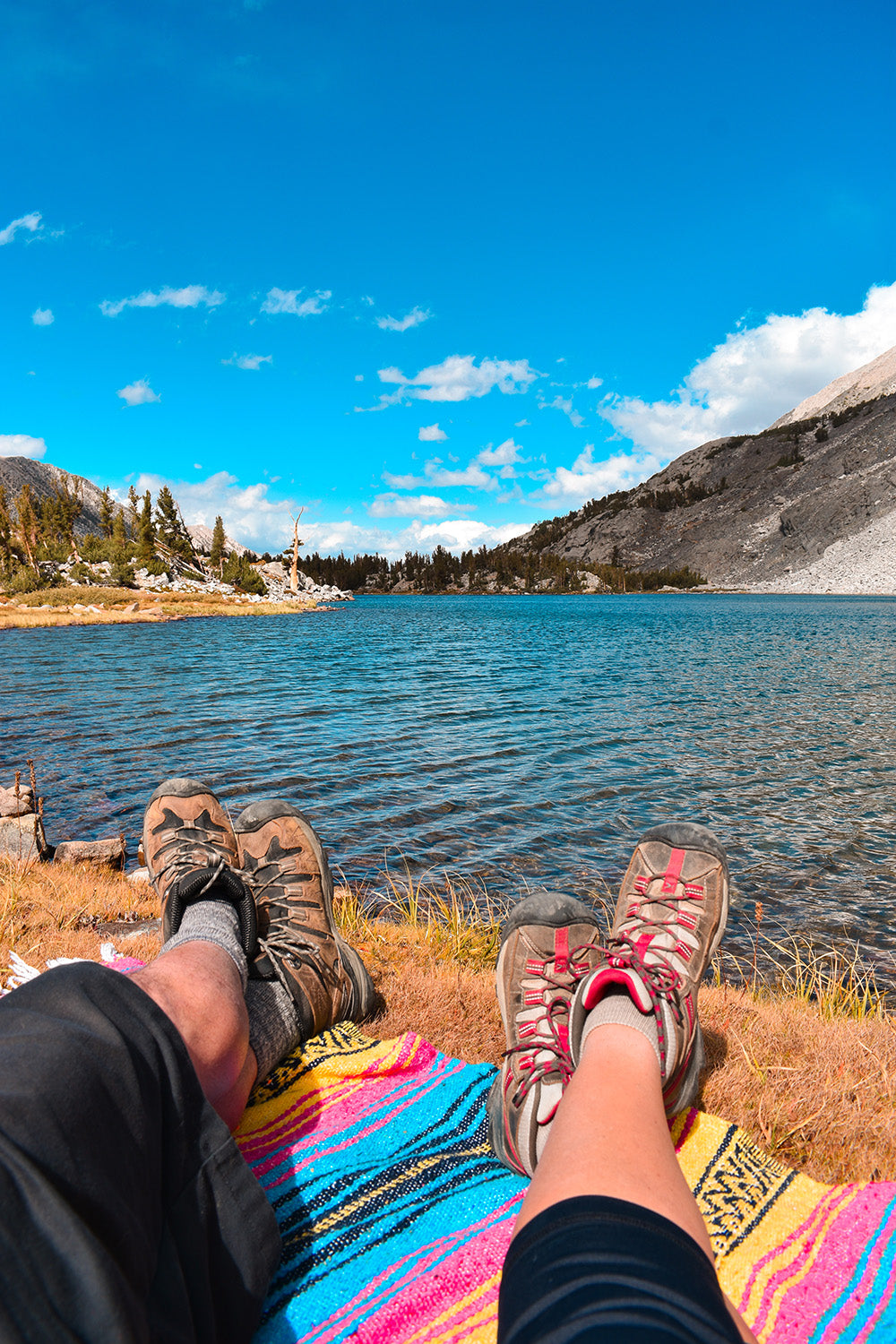 Lake side picnic lunch at 10,500 feet elevation in the Eastern Sierra, California - Chickenfoot Lake - Hiking the John Muir Wilderness with Davis Taylor Trading Co.