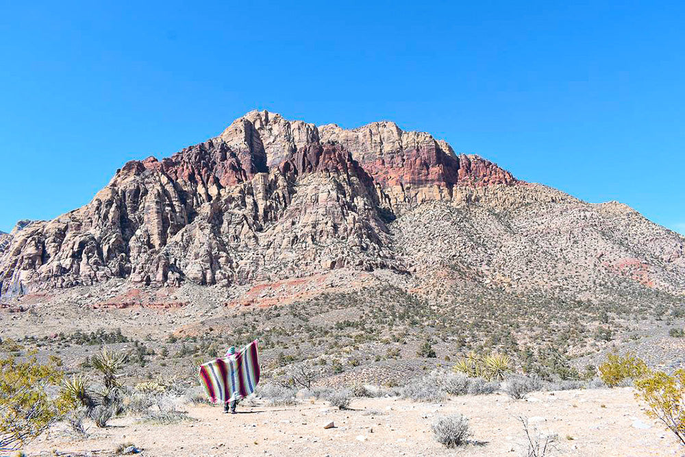 Exploring the winter desert with a cozy Mexican blanket. Perfect for breaks along the trail and a picnic lunch.
