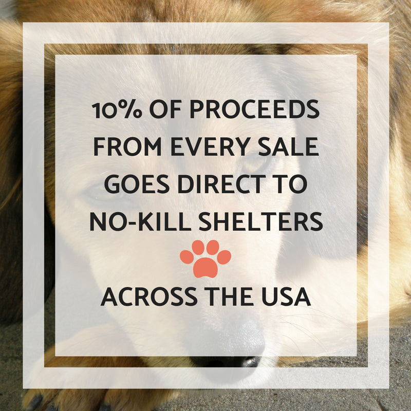 We donate 10% of proceeds from every sale to no-kill animal shelters across the USA. A shelter in each state receives the percentage of sales from that state!