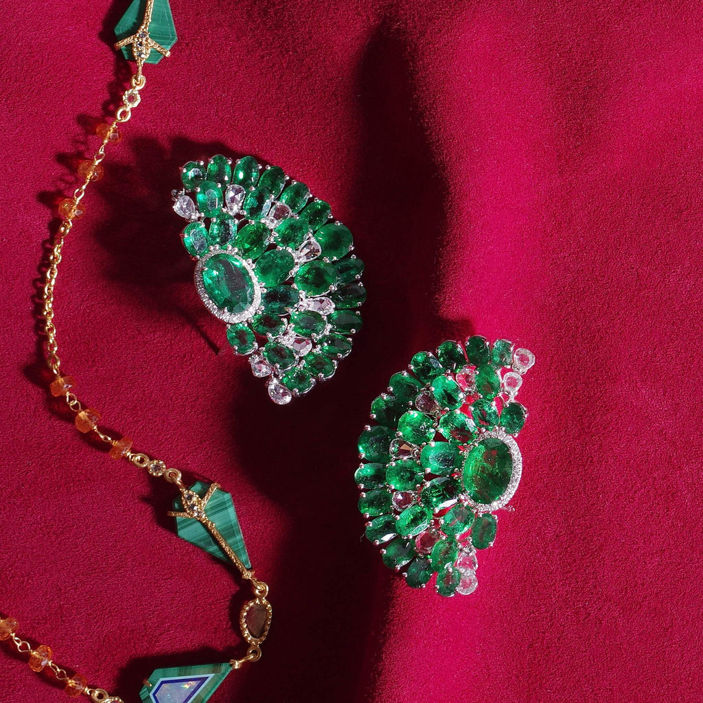 18K White Gold Emerald and Diamond Fan Earrings | Coomi