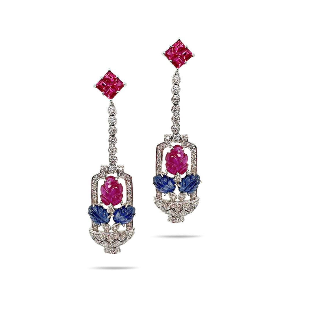 Trinity Carved Ruby & Sapphire Drop Earrings | Coomi