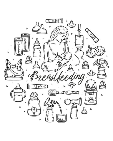 sketch showing breast feeding equipment, breast pump, breast bra, changing bag, 