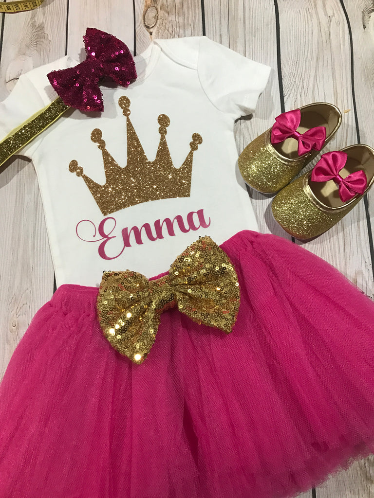 First Birthday Outfit Girl Dark Pink Baby Glitter Shoes Princess