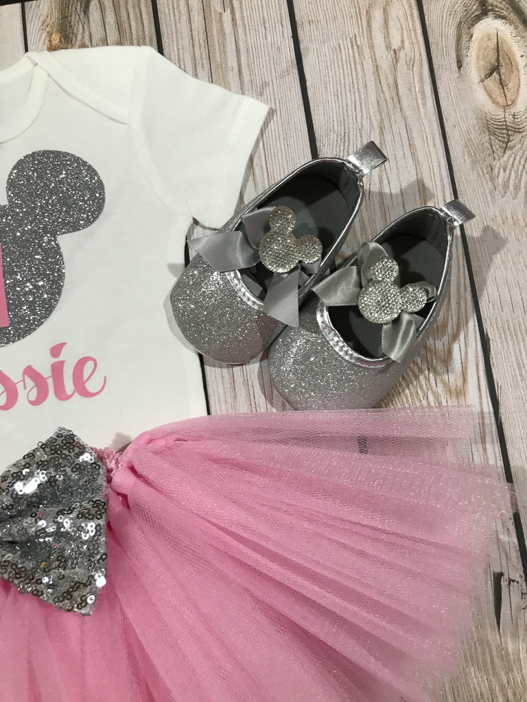 First Birthday Outfit Girl Pink And Silver Minnie Mouse Shoes