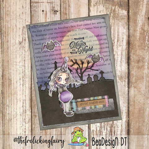 #thefrolickingfairy #beadesign.bcn #pedrolina #halloweenscene #spooky #halloween #witch #littlewitch #girlsnightout #spectrumnoir #alcoholmarkers #spectember #bookpage #inkblending #distressoxide #stampin #magic #nightmagic #cardmaker #cardmaking #cardmakersofinstagram