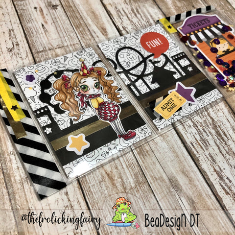 #thefrolickingfairy #beadesign.bcn #pedrolina #carnival #spooky #halloween #spookycarnival #doodlebugdesigns #spectrumnoir #alcoholmarkers #spectember #pocketletter #shakerpocket #interactive #kindredstamps #cardmaker #cardmaking #cardmakersofinstagram