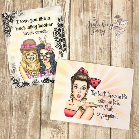 #thefrolickingfairy #crackerbox_suzy_stamps #crackerbox #snarky #silly #pinup #bombshell #spectrumnoir #alcoholmarkers #triblends #inkblending #distressoxide #cosmicflare #japanesekumiko #stenciling #embossingpaste #texture #mixedmedia #cardmaker #cardmaking #cardmakersofinstagram