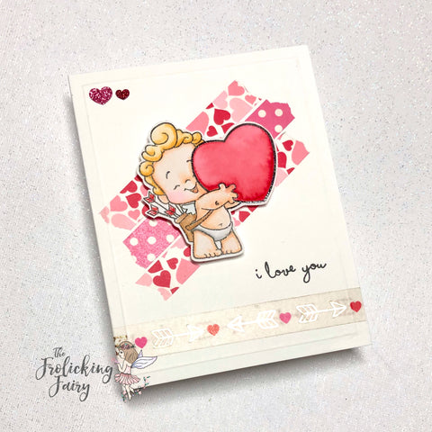 #thefrolickingfairy #sketchsaturday #cardchallenge #sketchchallenge #ccdesignsrs #cupid #iloveyou #washitape #watercolor #love #washi #hearts #cardmaking #cardmaker #papercraft
