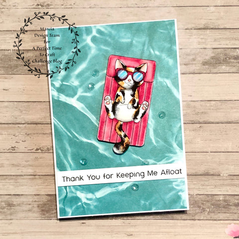 #thefrolickingfairy #charliesstamps #apttc #aperfecttimetocraft #cardchallenge #challengeteam #kitty #cat #floaty #keepingmeafloat #thankyou #karinmarkers #watercolor #summer #summertime #floatingby #bythepool #catchingrays #cardmaking #cardmakersofig #cardmaker