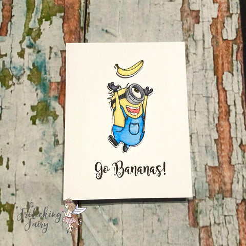 #thefrolickingfairy #crackerbox_suzy_stamps #crackerboxsuzy #minion #minioncarl #gobananas #banana #alcoholmarkers #spectrumnoir #cas #cleanandsimple #rubberstamps #cardmaker #cardmaking #cardchallenge