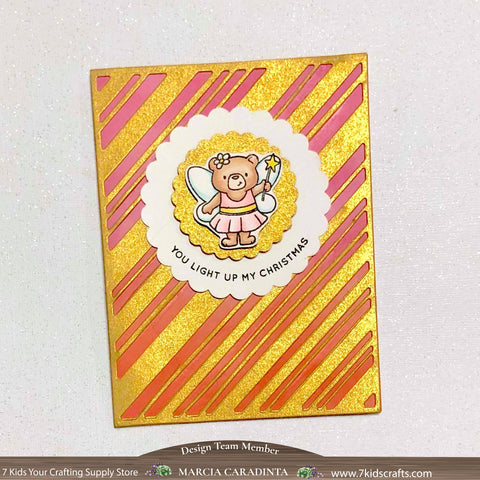 #thefrolickingfairy #7kidscraftingsupplystore #evelintdesigns #fairybear #fairy #halloween #christmas #altenewllc #candycanestripe #coverdie #stretchingsupplies @spectrumnoir #triblends #alcoholmakers #inkblending #distressoxides #lightupmychristmas #handmade #handmadeholidays #cardmaker #cardmaking