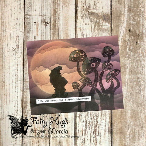 #thefrolickingfairy #fairyhugs #tarwep #troll #gnome #adventure #onanadventure #seetheworld #fairyhugsstore #mushrooms #toadstools #purpleglowsphere #patternedpaper #silhouettes #cardmaker #cardmaking #cardmakersofinstagram