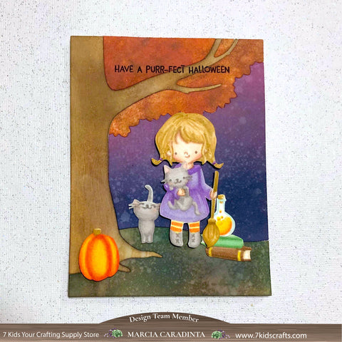 #thefrolickingfairy #7kidscraftingsupplystore #hellobluebird #hellobluebird.stamps #tabitha #witch #nolinecoloring #spectrumnoir #triblend #alcoholmarkers #oaktreescene #scenebuilder #coverdies #halloween #halloweencard #distressoxide #inkblending #cardmaker #cardmaking #handmade