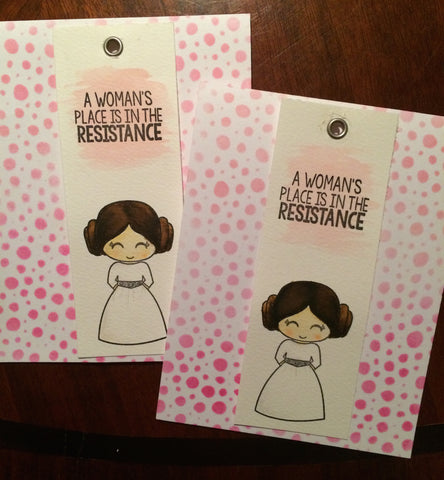 #thefrolickingfairy #kindredstamps #galacticadventure #princessleia #resist #resistance #starwars #distressink #watercolor #tombow #womensmarch #standstrong #bookmark #lovetoread #nerd