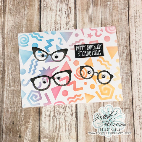 #thefrolickingfairy #jadedblossom #ilovethe80s #80s #80skid #glasses #eyeglasses #specs #glassesdies #80sstencil #inkblending #distressoxide #googlyeyes #sciencematters #nerd #totalnerd #sciencenerd #smartiepants #cardmaker #cardmaking #cas #cleanandsimplecards #cardmakersofinstagram