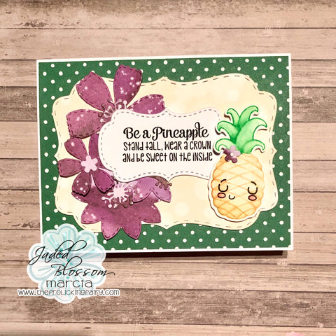 #thefrolickingfairy #jadedblossom #beapineapple #monthlyspotlight #onsale #pineapple #wearacrown #standtall #besweet #tropicalflowers #karinmarkers #watercolor #tropicaldies #tropical #fancytopperdie #cardmaking #cardmaker #summer #summervibes #cardmakersofig