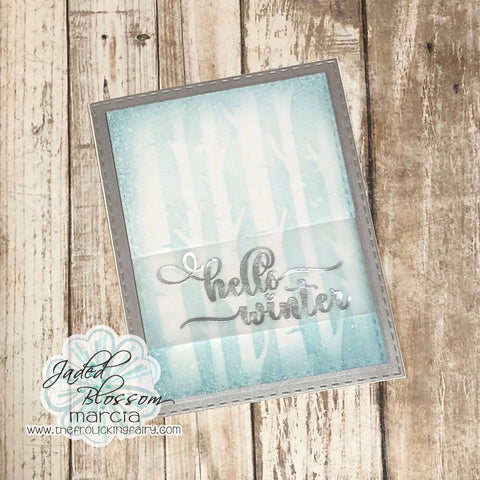 #thefrolickingfairy #jadedblossom #birchtree #birchtreestencil #stencil #freebie #hellowinter #embossing #silver #silverandblue #cas #cleanandsimple #vellum #rectangledies #stitcheddies #winter #glossspray #dinawakley #cardmaker #cardmaking #cardmakersofinstagram