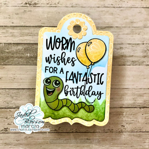 #thefrolickingfairy #jadedblossom #birthdaybugtags #worm #wiggleworm #wormwishes #birthdaytag #treattagdie #cloudstencil #grassstencil #inkblending #distressink #paperpiecing #coloredpencils #happybirthday #gifttag #treattag #cardmaking #cardmaker