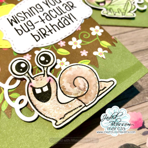 #thefrolickingfairy #jadedblossom #mayrelease #bloghop #lovebugs #bugmeanytime #paperbagdie #treatbag #birthday #happybirthday #favorbags #diyparty #diybirthday #watercolor #distressmarkers #snail #dragonfly #ladybug #ladybird #grasshopper #bugtacular #birthdayballoons #cardmaker #cardmaking