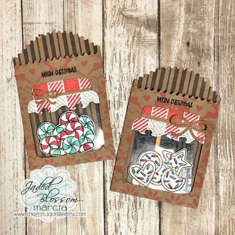 #thefrolickingfairy #jadedblossom #clearjar #candyjar #cookiejar #peppermints #holiday #christmas #christmascookies #sugarcookies #paperbag #masonjar #windowcard #inkblending #distressoxide #buffaloplaid #fairisle #handmadeholidays #cardmaker #cardmaking #cardmakersofinstagram