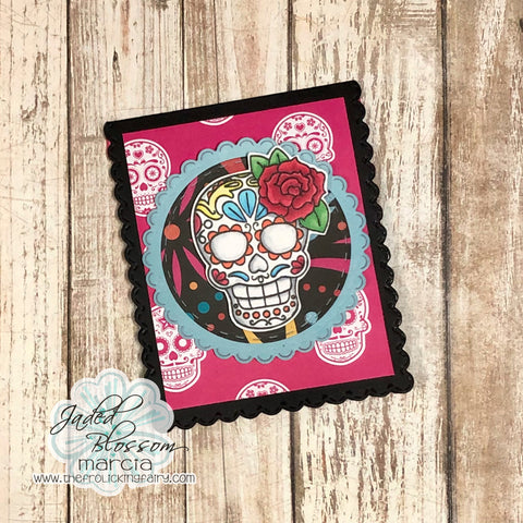 #thefrolickingfairy #jadedblossom #dayofthedead #diadelosmuertos #sugarskull #patternedpaper #slimliine #notecard #minicard #spectrumnoir #alcoholmarkers #colorful #brightcolors #cardmaker #cardmaking #cardmakersofinstagram