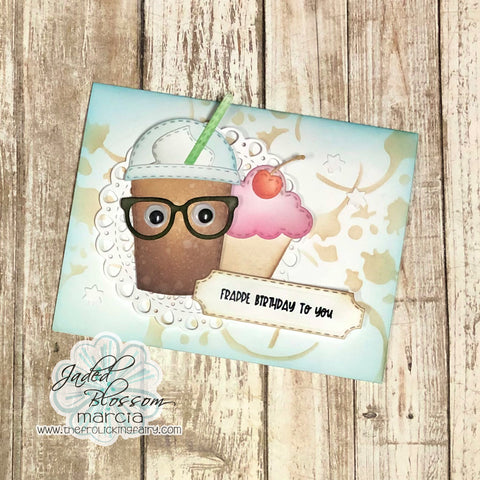 #thefrolickingfairy #jadedblossom #frappe #frappebirthday #happybirthday #frap #cupcake #birthday #coffee #caffeine #nerdy #glasses #googlyeyes #doily #coffeestain #inkblending #distressoxide #cardmaker #cardmaking #cardmakersofinstagram