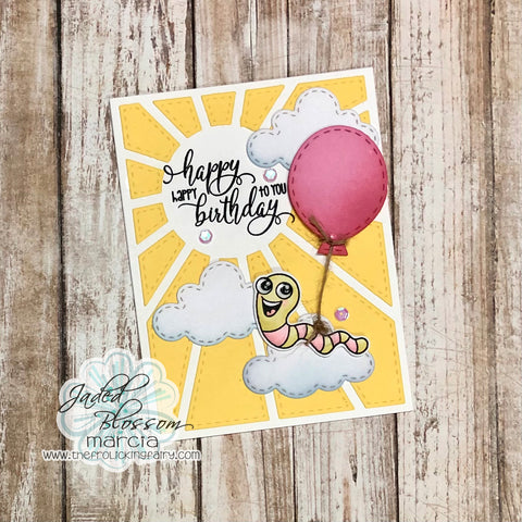 #thefrolickingfairy #jadedblossom #cardchallenge #anythinggoes #hellobeautiful #birthdaybugtags #birthday #happybirthday #birthdaycard #sunburst #birthdaydies #worm #flyby #birthdayballoon #spectrumnoir #triblends #alcoholmarkers #distressink #cardmaker #cardmaking #cardmakersofinstagram