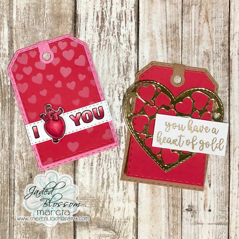 #thefrolickingfairy #jadedblossom #deepbreath #organdonor #heart #iheartyou #iloveyou #heartofgold #goldfoil #fancyheartdie #fallinghearts #inkblending #stencil #distressoxide #luggagetag #spectrumnoir #alcoholmarkers #valentine #valentinesday #gifttag #cardmaker #cardmaking #cardmakersofinstagram