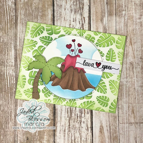 #thefrolickingfairy #jadedblossom #lava #lavayou #volcano #palmtree #tropicalleaves #jungleleavesstencil #cloudstencil #tropicaldies2 #tropcial #disney #disneyshort #inkblending #distressoxide #spectrumnoir #triblends #alcoholmarkers #cardmaker #cardmaking #cardmakersofinstagram