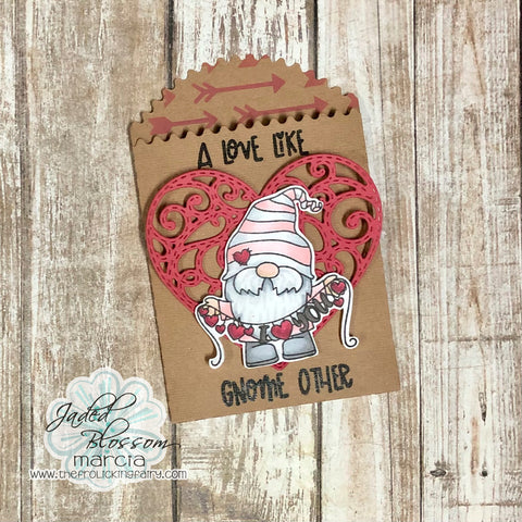 #thefrolickingfairy #jadedblossom #valentine #valentinesday #gnome #cutelittlegnome #gnomekisses #gnomeother #love #loveyou #arrow #fancyheartdie #doily #paperbag #paperbagdie #stencil #distressoxide #inkblending #valentinetreat #cardmaker #cardmaking #cardmakersofinstagram