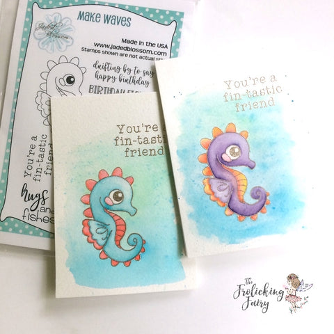 #thefrolickingfairy #jadedblossom #guestdesignteam #makewaves #friendsarerare #watercolor #notecards #seahorse #gemstones #youreagem #fintastic #handmade #sendingsmiles #happymail