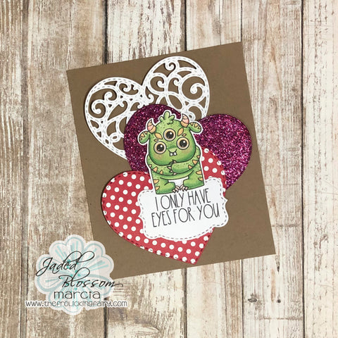 #thefrolickingfairy #jadedblossom #monstermunchies #monster #inlove #love #fancyheart #ionlyhaveeyesforyou #cutemonster #spectrumnoir #alcoholmarkers #labelshapedies #cardmaker #cardmaking #cardmakersofinstagram