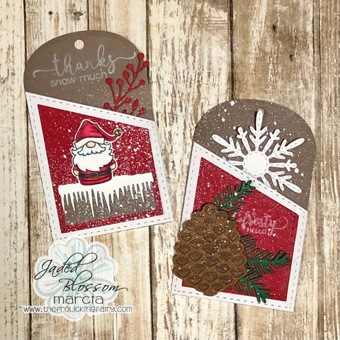 #thefrolickingfairy #jadedblossom #pinecone #pineconedie #hellowinter #thanks #thankyou #thankssnowmuch #flurries #ranger_ink #dinawakley #frosty #hello #pockettag #gifttag #giftcardholder #icicles #spectrumnoir #alcoholmarkers #paperlayering #cardmaker #cardmaking #cardmakersofinstagram