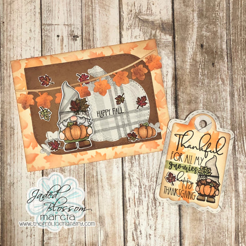 #thefrolickingfairy #jadedblossom #gnome #gnomie #thankfulformygnomie #thanksgiving #thanksgivinggnomie #thankful #fallleaves #stencil #autumn #fall #fallcolors #fallingleaves #plaid #inkblending #distressoxide #paperpiecing #treattag #thanksgivingtreats #handmade #cardmaker #cardmaking #cardmakersofinstagram