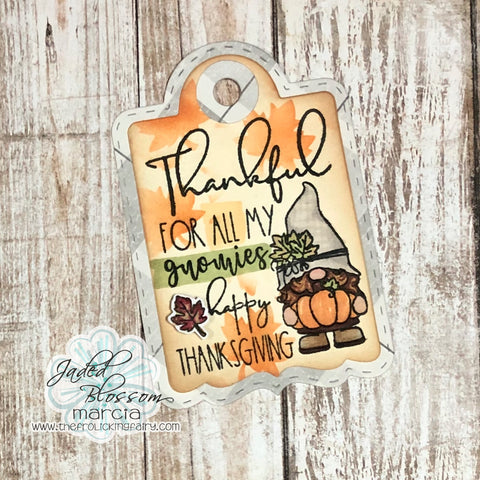 #thefrolickingfairy #jadedblossom #gnome #gnomie #thankfulformygnomie #thanksgiving #thanksgivinggnomie #thankful #fallleaves #stencil #autumn #fall #fallcolors #fallingleaves #plaid #inkblending #distressoxide #paperpiecing #treattag #thanksgivingtreats #handmade #cardmaker #cardmaking #cardmakersofinstagram