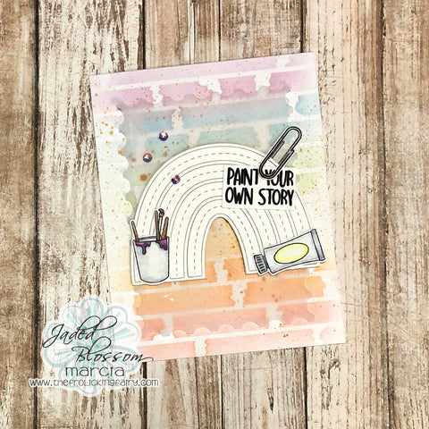 #thefrolickingfairy #jadedblossom #cardchallenge #stencil #torntapestencil #washitape #washi #rainbow #inkblending #distressoxide #spectrumnoir #triblends #alcoholmarkers #paintyourownstory #vellum #postagedies #clearjar #craftyaddons #paperclip #artsyfartsy #cardmaker #cardmaking #cardmakersofinstagram