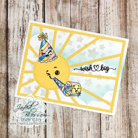 #thefrolickingfairy #jadedblossom #birthday #birthdaycard #fancybirthday #kawaiibirthday #kawaii #sunburstcardmatdie #sunburst #party #partytime #wishbig #inkblending #cloudstencil #starstencil #distressoxide #spectrumnoir #alcoholmarkers #pastel #cardmaker #cardmaking #cardmakersofinstagram