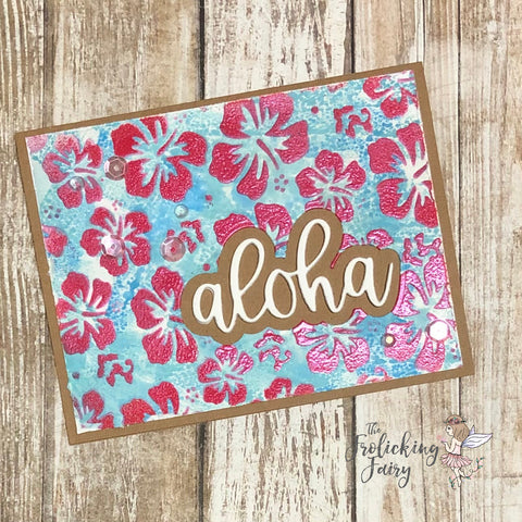#thefrolickingfairy #kindredstamps #piececraftlove #aloha #alohastencil #hibiscus #hibiscusflowers #stencil #distressoxide #lindysgang #embossing #razzleberryplum #dryembossing #tropical #summer #cardmaking #cardmaker #cardmakersofinstagram #shimmer #tropiclikeitshot