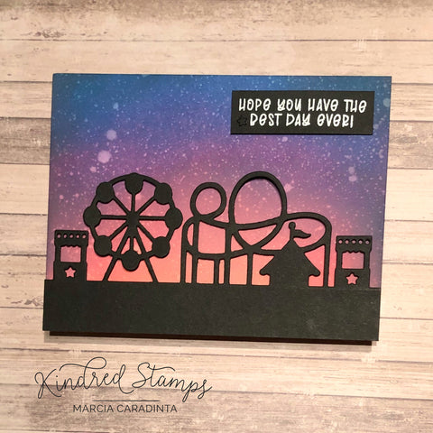 #thefrolickingfairy #kindredstamps #carnival #carnivalscene #craftdie #distressoxide #inkblending #nightsky #twilight #cas #cleanandsimple #longhairdontcare #bestdayever #cardmaking #cardmaker #cardmakersofinstagram #handmade #handmadecard