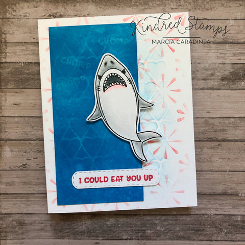 #thefrolickingfairy #kindredstamps #chomp #jawsome #shark #sharkattack #sharkweek #eatyouup #inkblending #distressoxide #hearts #mosaic #doily #stencil #averyelle #duhnuh #sharkhunters #watercolor #karinmarkers #cardmaker #cardmaking #cardmakersofinstagram