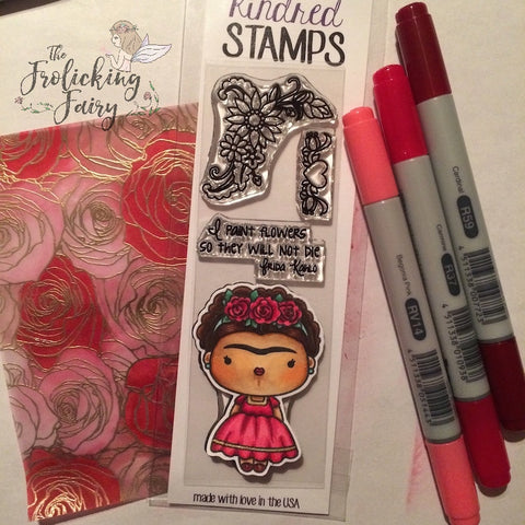 #thefrolickingfairy #kindredstamps #fridakahlo #roses #paintflowers #copiccoloring #mftstamps #goldembossing #fridakahloquotes