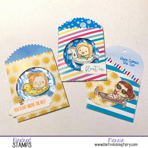 #thefrolickingfairy #kindredstamps #kindredsummer #poolparty #pool #poolgirls #bythepool #sunshine #catchingrays #sunnydays #gelshakercard #liquidshaker #giftcardholder #jadedblossom #paperbagdie #pockettagdie #handmade #papercraft