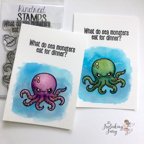 #thefrolickingfairy #kindredstamps #mythicalkracken #seamonster #kracken #distressmarkers #watercolor #notes #jokes #cleanandsimple #handmade #handmadecards