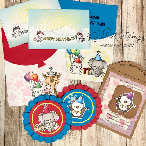 #thefrolickingfairy #kindredstamps #newrelease #partyanimals #penguin #rabbit #elephant #giraffe #unicorn #happybirthday #birthday #birthdaycard #balloons #partyballoons #jadedblossom #birthdaybadge #concord9 #mixedmedia #treatbag #birthdaytreat #rosette #spectrumnoir #alcoholmarkers #inkblending #stencil #birthdayparty #distressoxide #cardmaker #cardmaking #cardmakersofinstagram